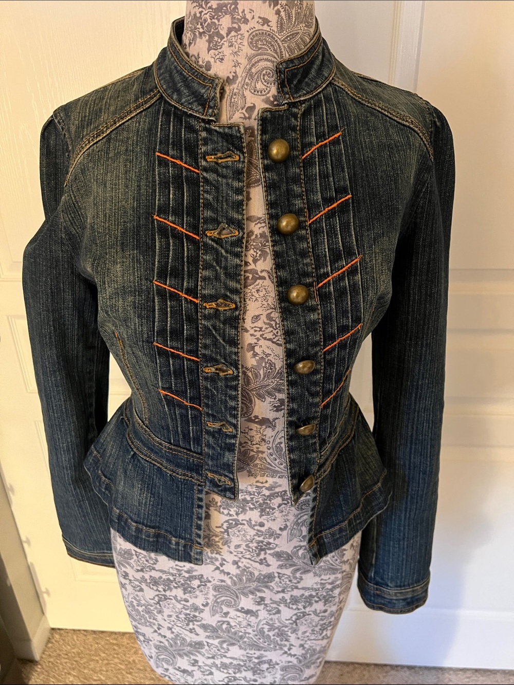 Vintage Dark Indigo Military-Style Denim Jacket with Orange Stitching